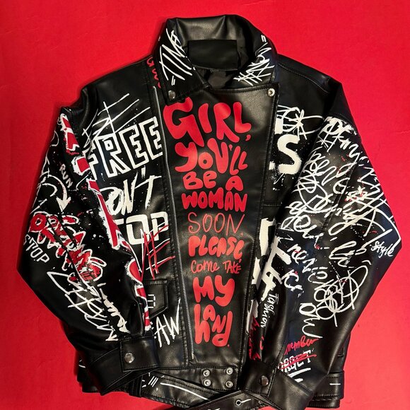 Graffiti Print Faux Leather Jacket – Punk Style Black Moto, Size M, Unique - Picture 6 of 11